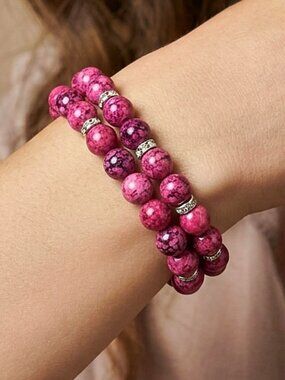 Feminine Gemstone Bracelet Set, Genuine Pink Jasper Stretch Bracelets, Unique